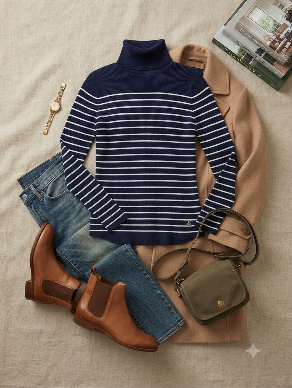Lauren Ralph Lauren Navy Blue White Stripe Ribbed Knit Long Sleeve Turtleneck